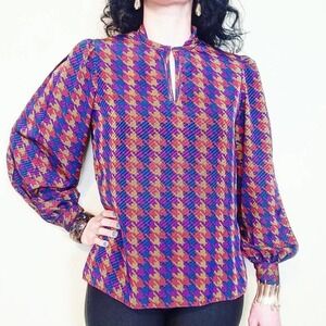 Vintage 1990s Saks Multicolor‎ Houndstooth Blouse